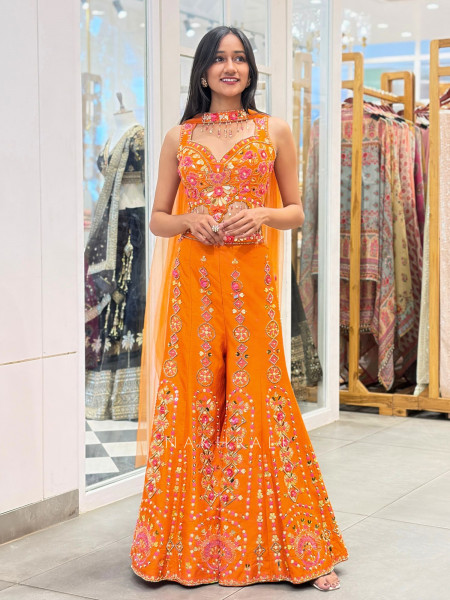 Naveli Orange Indo-Western Set with Mirror Sequin Work