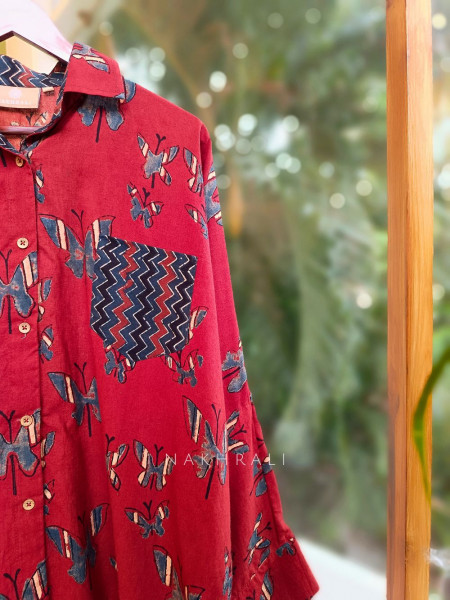 Banjara Red Cotton Oversized Shirt with Butterfly & Chevron Print