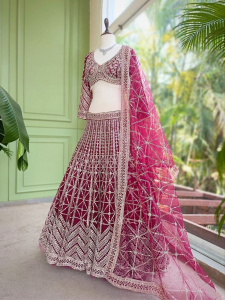 Kaira Wine Mirror Work Silk Lehenga