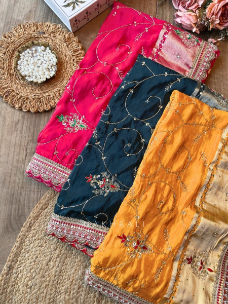 Koshira Yellow Pure Dola Silk Saree WIth Gotta Patti, Resham & Scalloped Zari Border