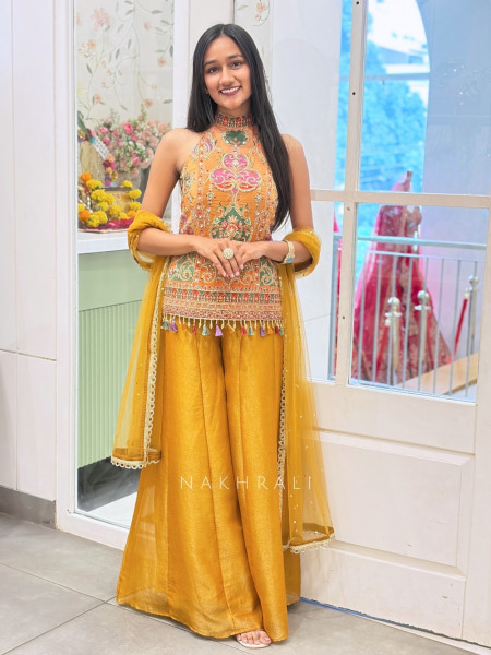 Jive Mustard Sharara Set With Resham, Dori & Mirror Work