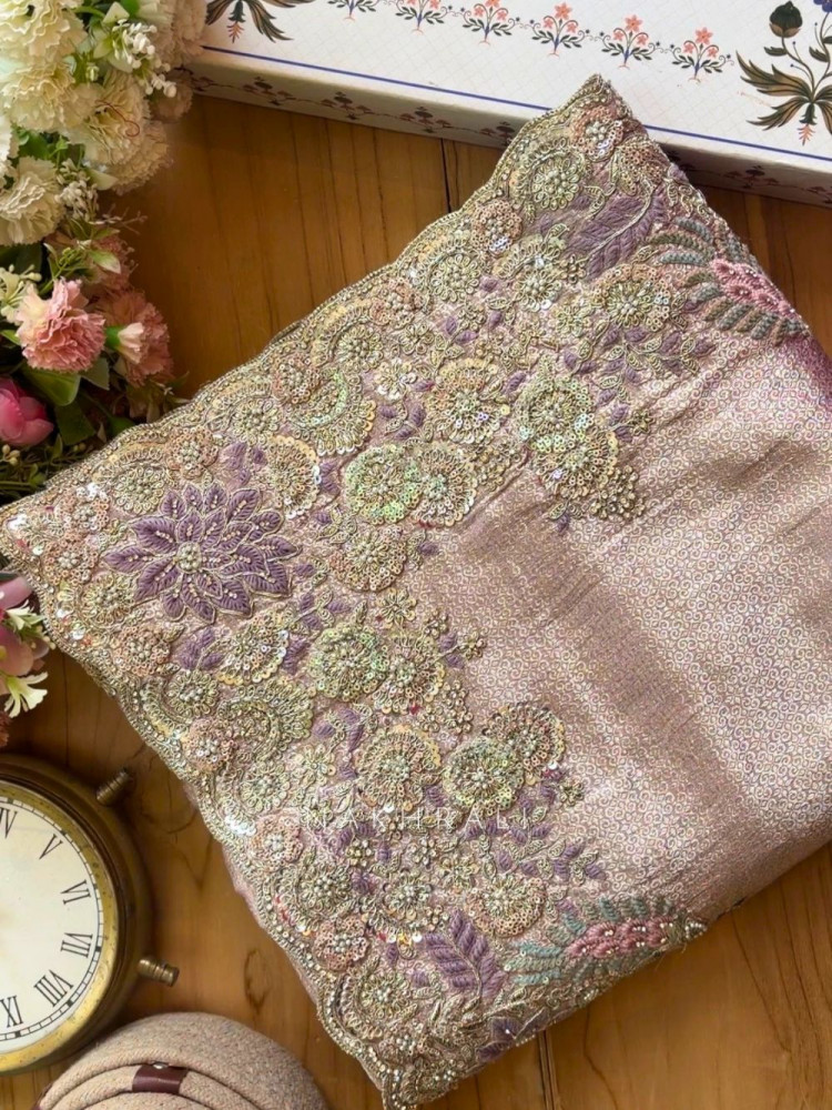 Image of Zirel Lavender Zari Woven Saree with Sequin Embroidery