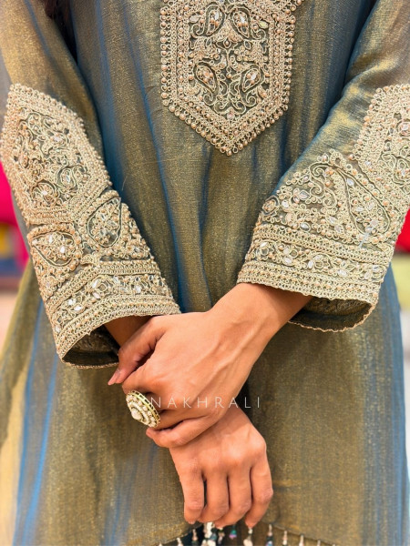 Anchal Olive Green Suit Set with Mirror Pearl Embroidery