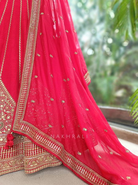Afreen-Bagh Red Raw Silk or Satin-Georgette Bridal Lehenga