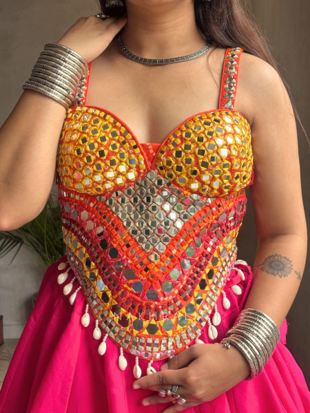 Sheesha Choli – Mirror Work on Orange Corset Blouse