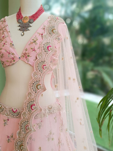 Crown Pink Raw Silk & Soft Net  Unstitched Lehenga