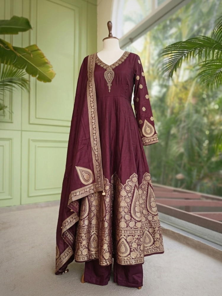 Image of Begum-e-Khas Wine Anarkali Zari Suit Set