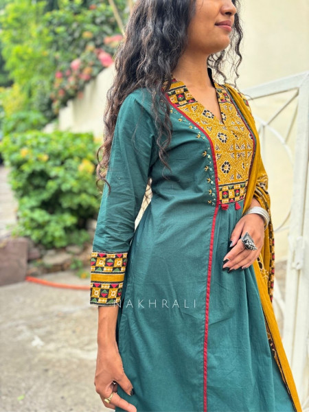 Vanika Teal Green Suit Set with Printed Yoke and Dupatta