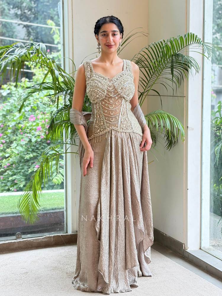 Image of Vivienne Beige Metallic Georgette-Satin Blend Draped Saree