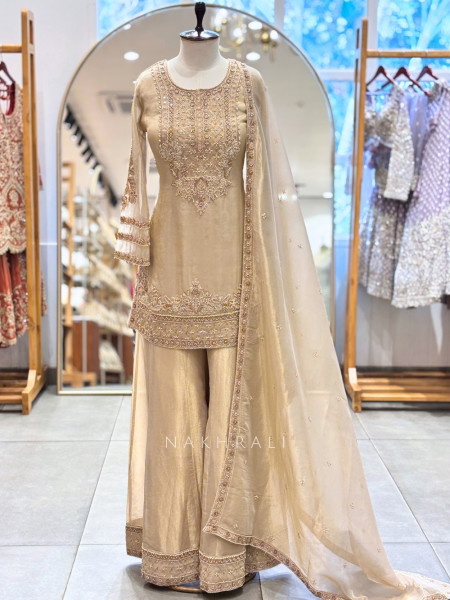 Hemshobha Beige Palazzo Suit Set With Bead and Cutdana Work