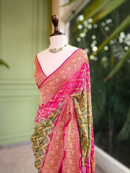 Ranjhimeen Green Khaddi Georgette Bandhani Saree with Zari Border