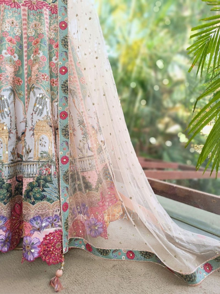 Carnira Peach Carnival Lehenga with Thread, Mirror, Sequin and Bead Work