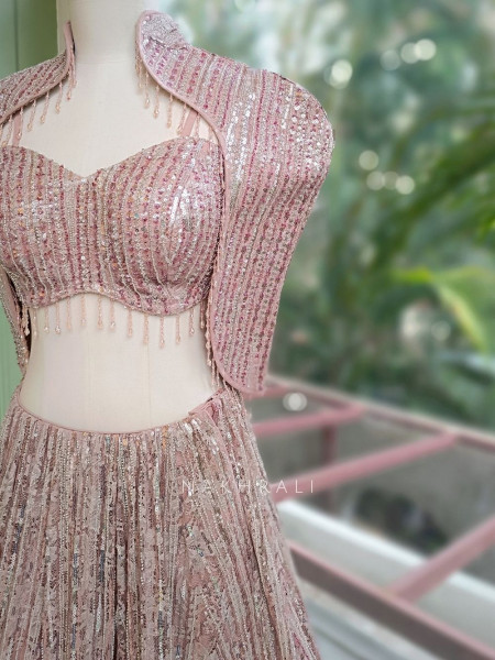 Prismora Peach Net Indo Western Lehenga Set with Sequin Cape and Crystal Tassels