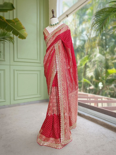 Dharini Red Pure Georgette Silk Blend Bandhani Saree with Banarasi Zari Border
