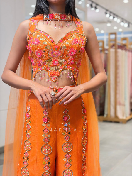 Naveli Orange Indo-Western Set with Mirror Sequin Work