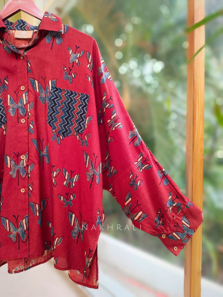 Banjara Red Cotton Oversized Shirt with Butterfly & Chevron Print