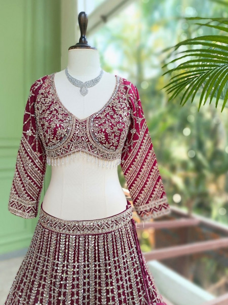 Kaira Wine Mirror Work Silk Lehenga