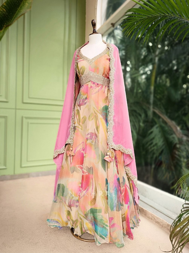 Image of Aaravi Pastel Floral Tissue Anarkali Set with Ombre Dupatta