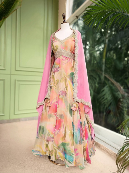 Aaravi Pastel Floral Tissue Anarkali Set with Ombre Dupatta