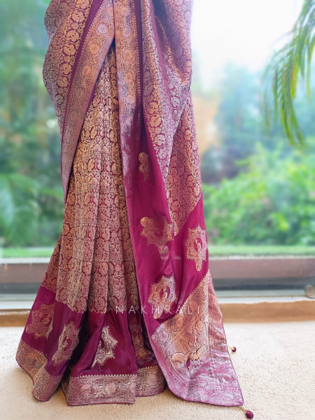 Noor-e-Kashi Katan Silk Wine Saree With Banarasi Zari Brocade Weave