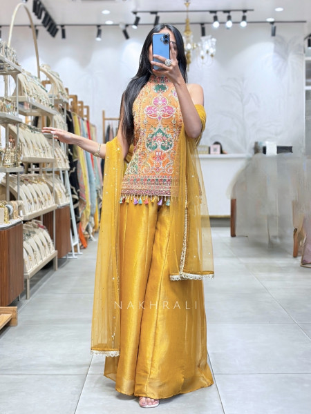 Jive Mustard Sharara Set With Resham, Dori & Mirror Work