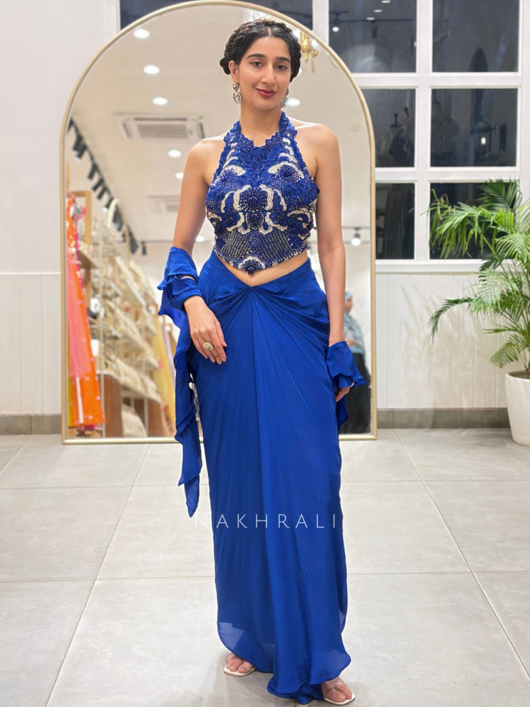 Image of Kalyra Halter Royal Blue Indo-Western Set