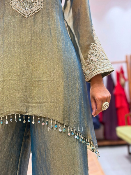 Anchal Olive Green Suit Set with Mirror Pearl Embroidery
