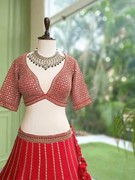 Afreen-Bagh Red Raw Silk or Satin-Georgette Bridal Lehenga