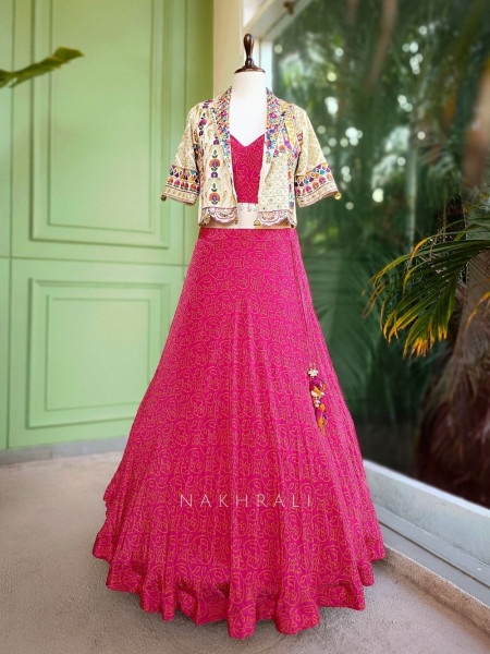 Aarika Pink Crop Top Skirt Set with Embroidered Jacket