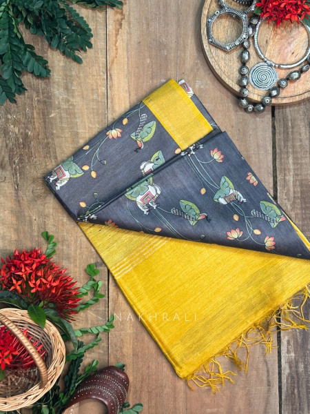 Chitrawali Black Tussar Silk Saree with Pichwai Art