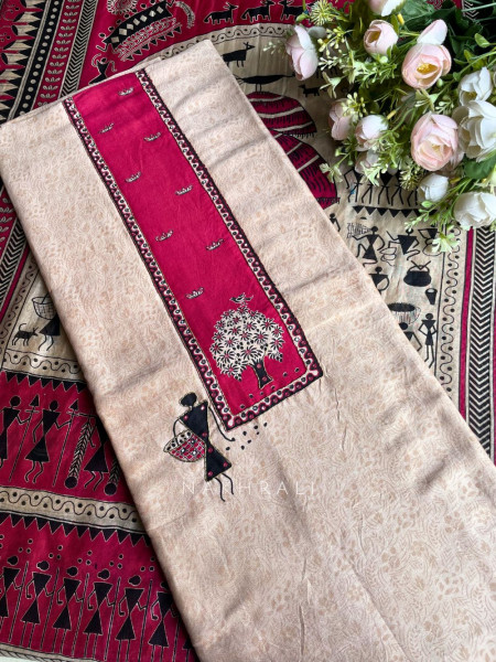 Cavira Beige Dress Material with Tribal Art Print