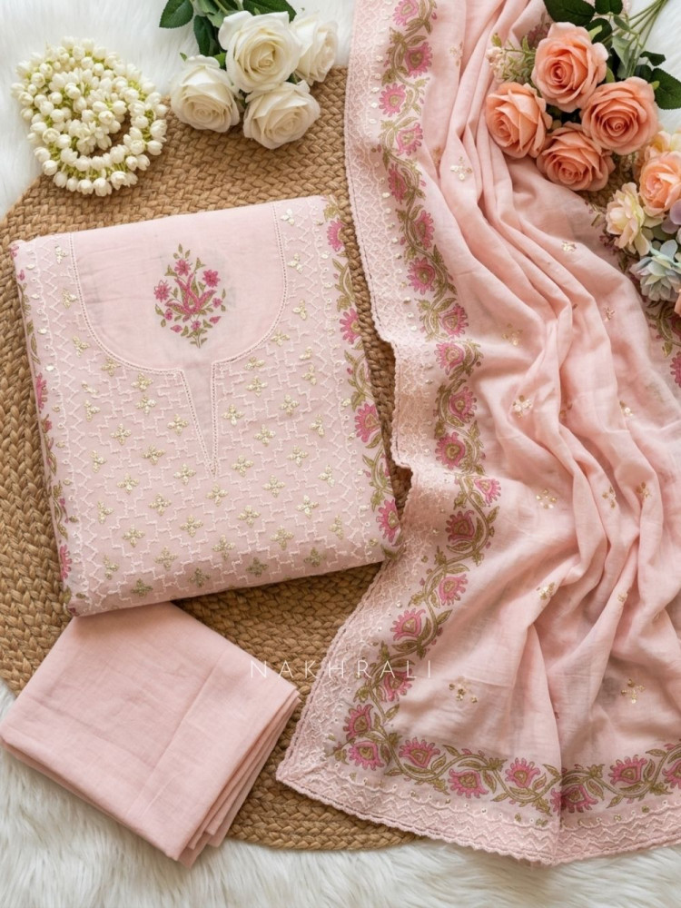 Image of Maristelle Pink Floral Printed Dress Material with Embroidered Yoke