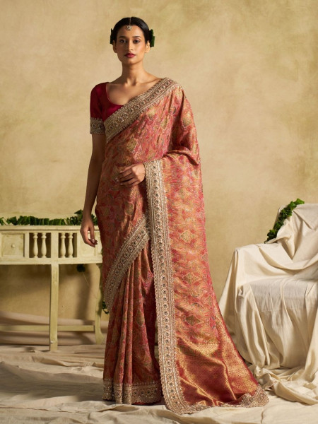 Ruby Glow Dola Silk Saree with Heavy Zardozi Border