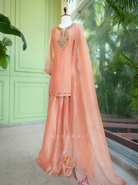 Meherza Peach Embroidered Kurta Sharara Set with Dupatta