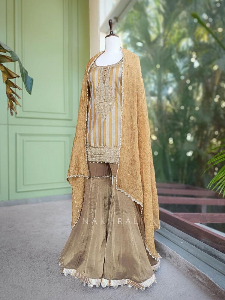 Image of Swarn Lata Brown Suit Set with Zari and Beads Work