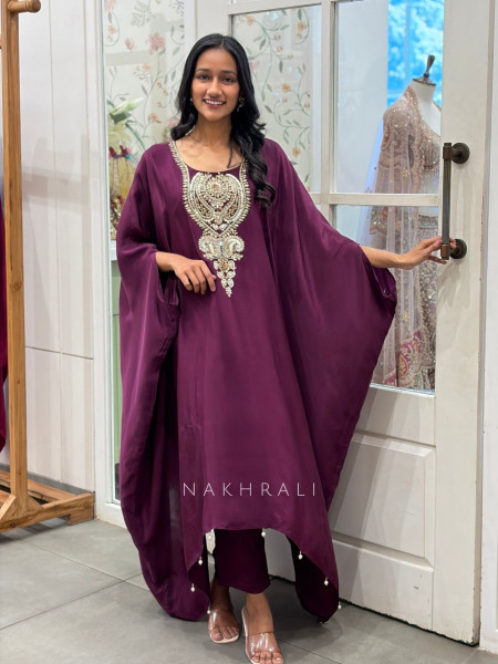 Suranjana Purple Kaftan Set with Sequin and Cut Dana Neck Yoke Work