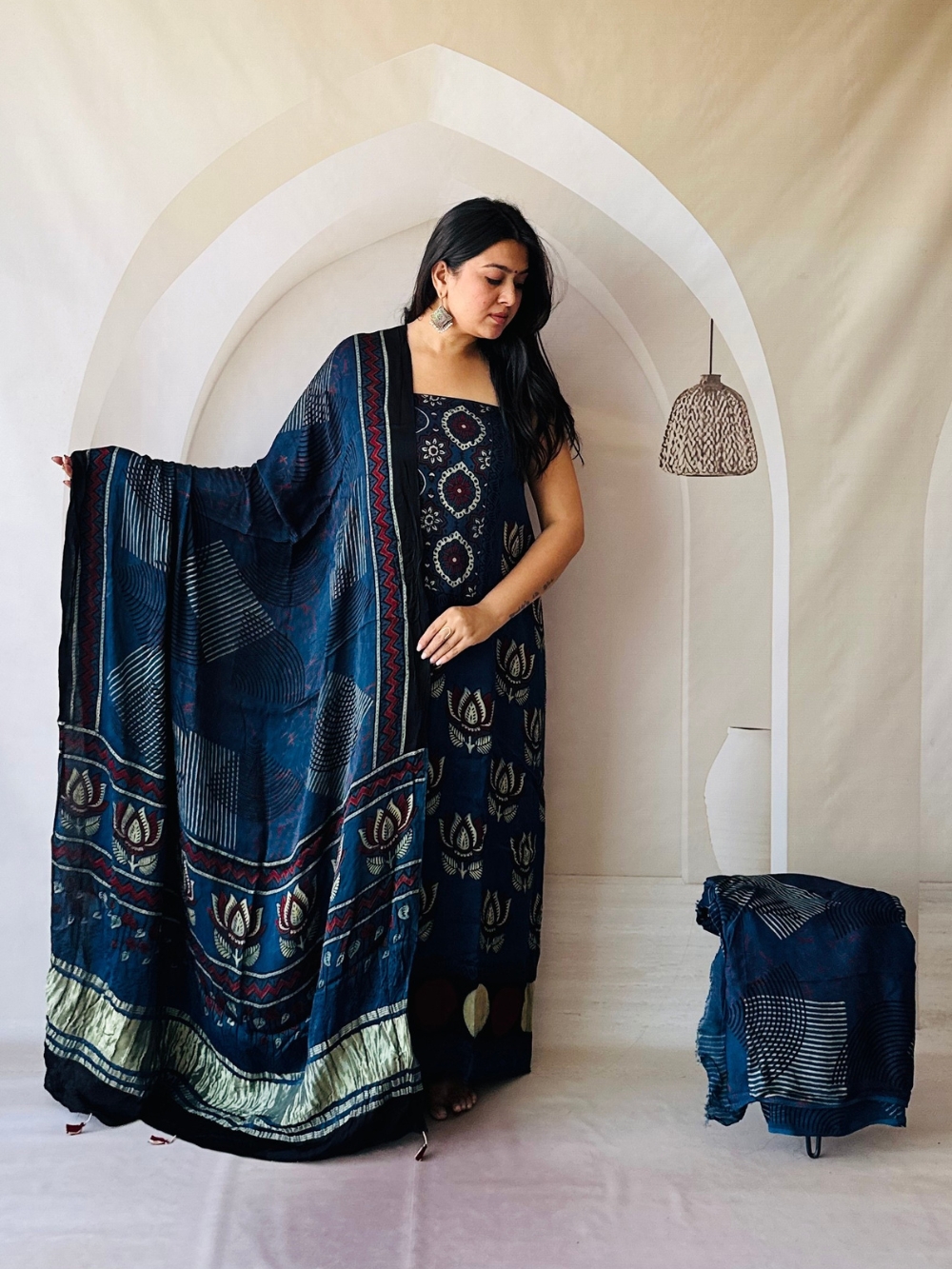 blue dress material Navy Blue Printed Cotton Dress Material