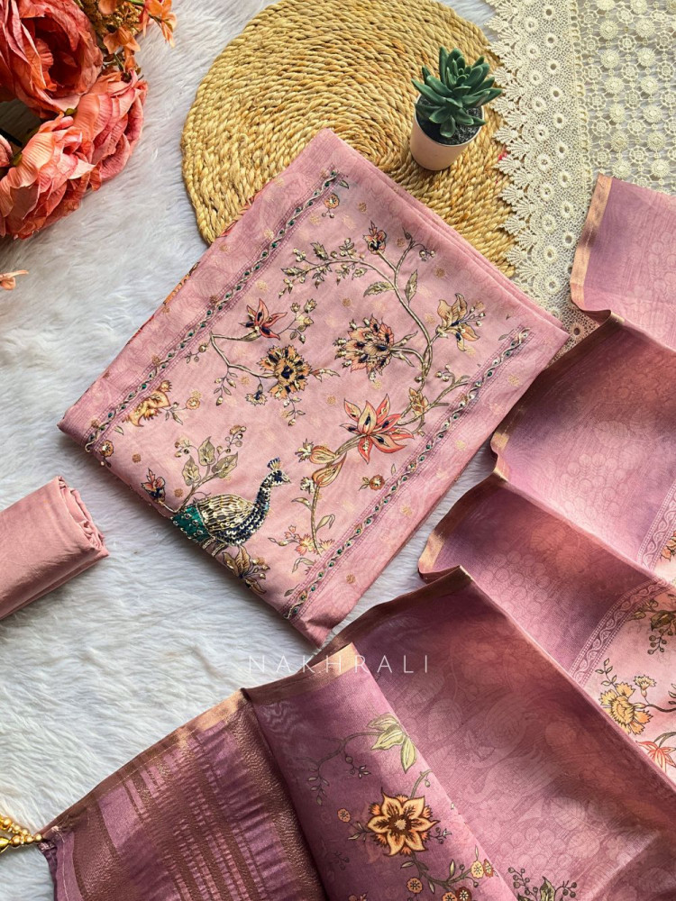 Image of Vihara Purple Floral Printed Dress Material with Zari Thread Work