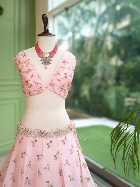 Crown Pink Raw Silk & Soft Net  Unstitched Lehenga