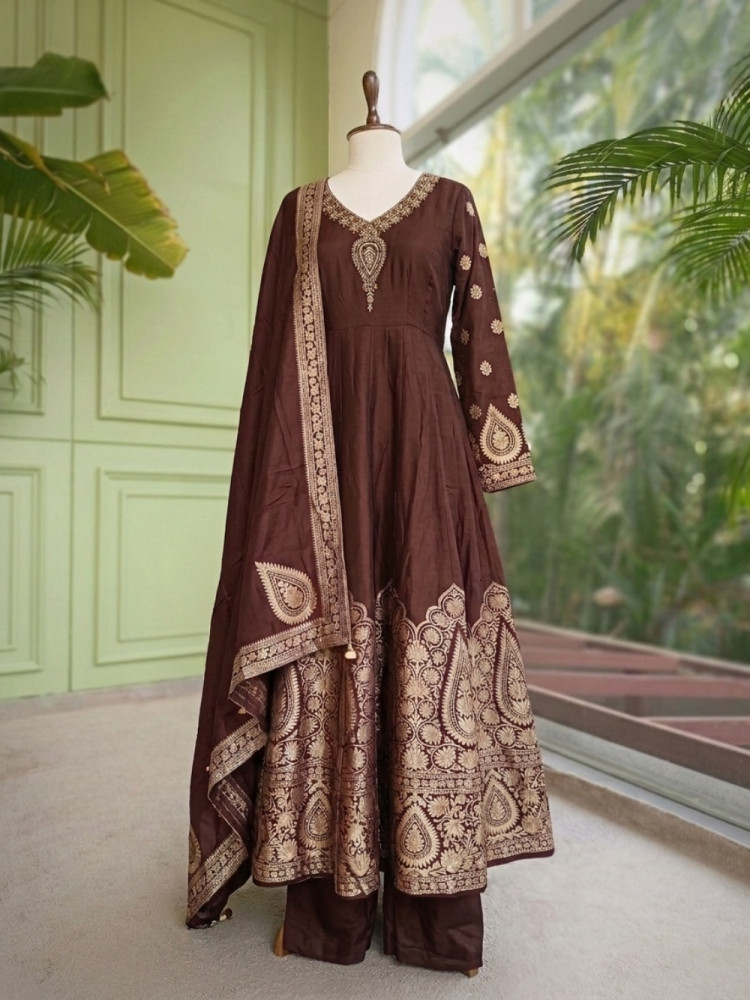 Image of Begum-e-Khas Brown Anarkali Zari Suit Set