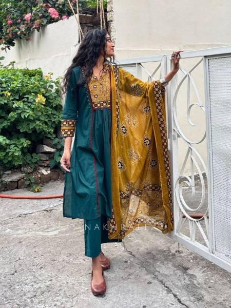 Vanika Teal Green Suit Set with Printed Yoke and Dupatta