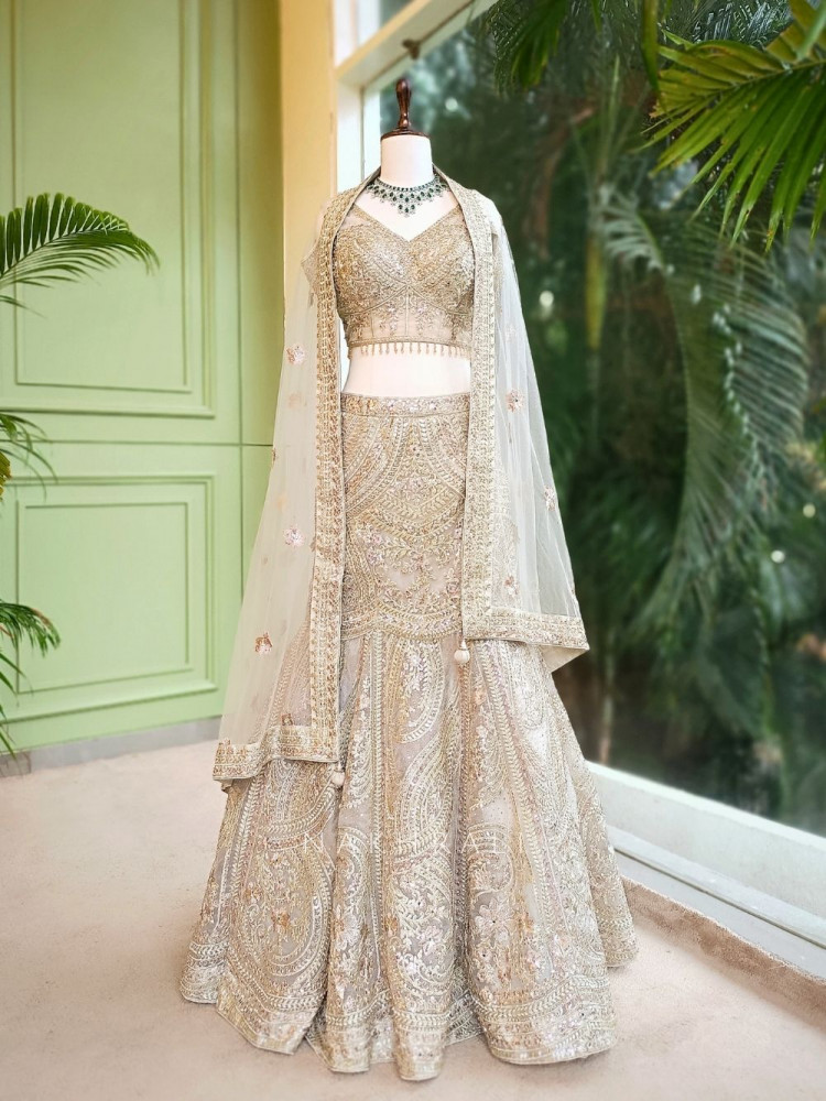 Image of Mireya Ash Grey Designer Lehenga with Net Dupatta