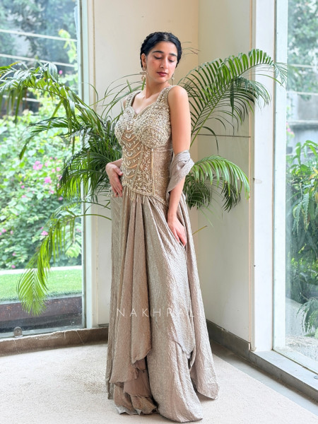 Vivienne Beige Metallic Georgette-Satin Blend Draped Saree