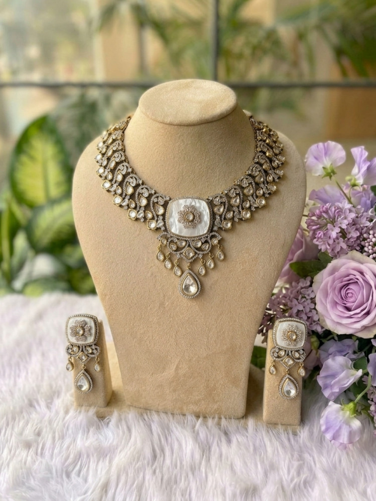 Image of Padmarekha White Necklace Set With Stone-Encrusted Choker &amp; Drop Detailing