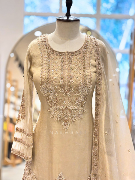 Hemshobha Beige Palazzo Suit Set With Bead and Cutdana Work