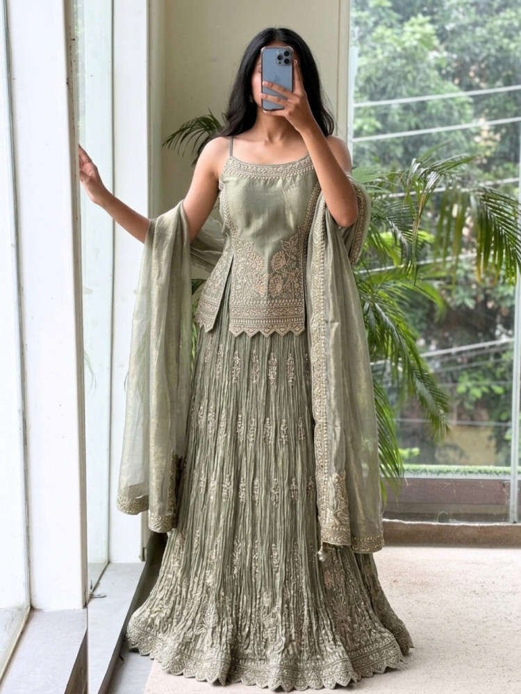 Image of Cressida Green Shimmer Tissue Indo-Western Lehenga