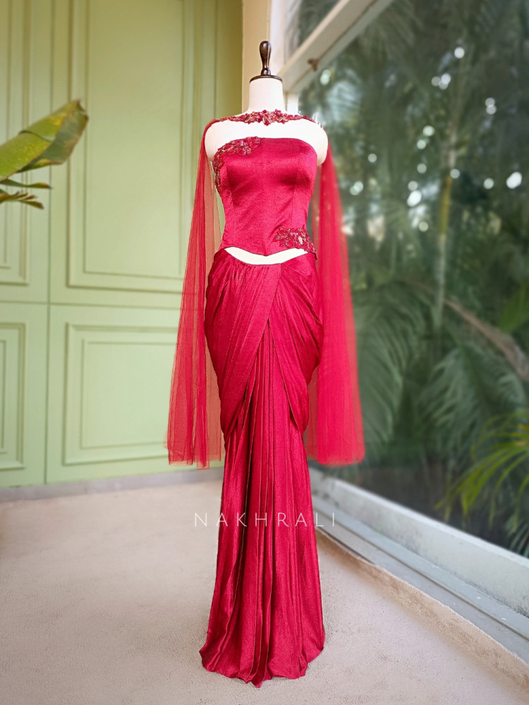 Image of Zarina Maroon Satin Crop Top Skirt Set with Embroidered Detailing