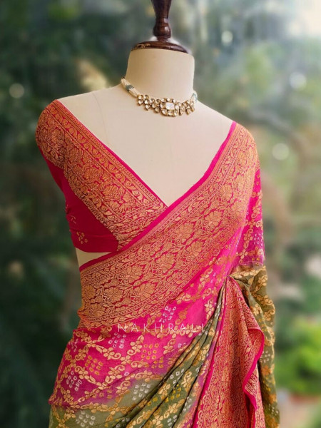 Ranjhimeen Green Khaddi Georgette Bandhani Saree with Zari Border