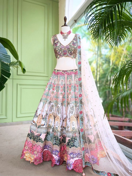 Carnira Peach Carnival Lehenga with Thread, Mirror, Sequin and Bead Work
