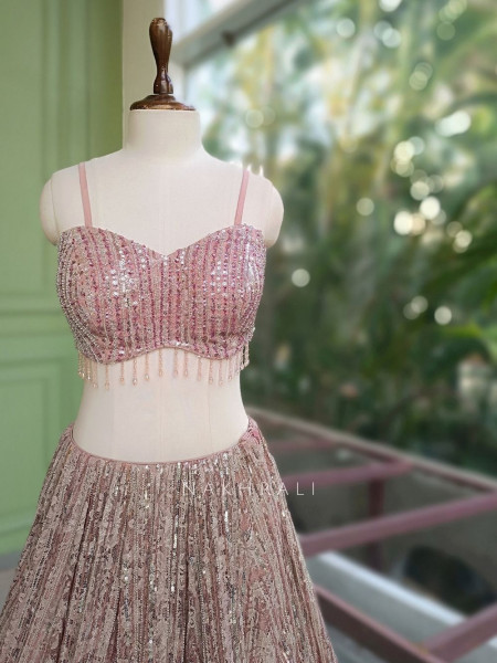 Prismora Peach Net Indo Western Lehenga Set with Sequin Cape and Crystal Tassels